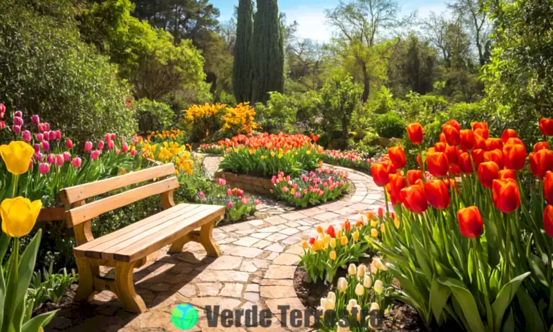 Jardín vibrante con diez variedades de tulipanes en flor, rodeado de verde y mariposas