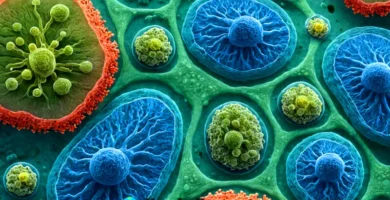Ilustración microscópica de vacuolas en células unicelulares y multicelulares