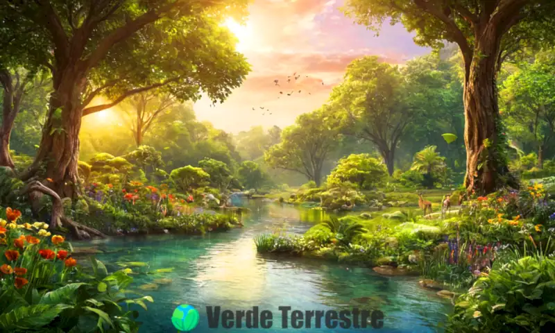 Representación artística de un paisaje vibrante con árboles