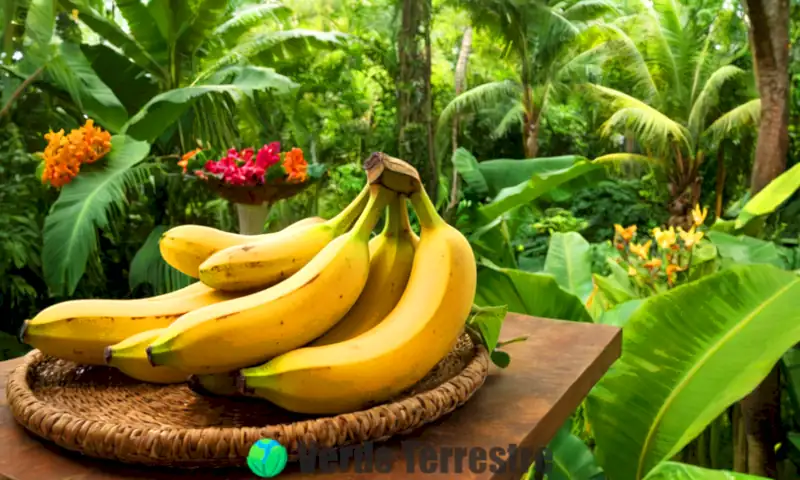 Diez variedades de plátanos en un entorno tropical vibrante, rodeados de vegetación y flores coloridas