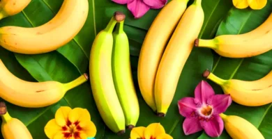 Colección de 10 variedades de plátanos artistamente dispuestas en un entorno tropical con hojas verdes y flores coloridas