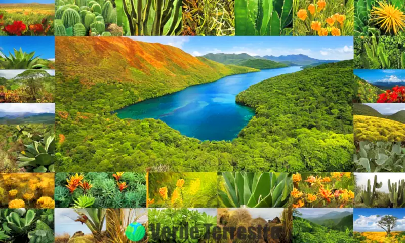 Collage artístico que muestra diversas vegetaciones: selvas tropicales, bosques templados, praderas y desiertos, cada uno con características distintivas y colores vibrantes