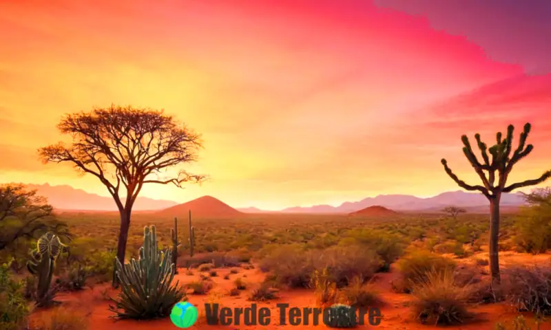 Representación artística de diversos biomas con vegetación variada, incluyendo selva, desierto, bosque templado y sabana, bajo un cielo de amanecer a atardecer