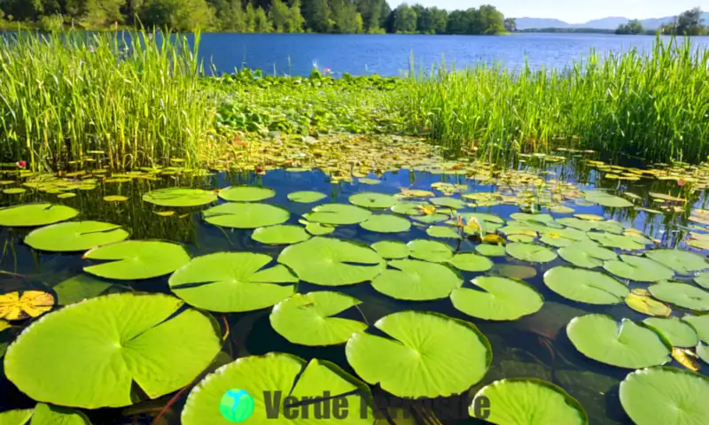 Escena submarina de un lago de agua dulce con diversas plantas acuáticas, lirios coloridos y peces, iluminada por luz suave