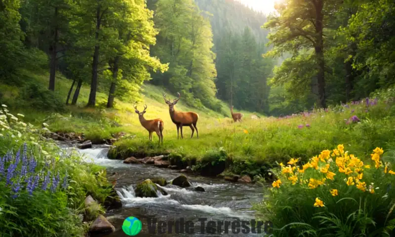 Bosque encantado con ciervos, un majestuoso macho y una grácil hembra, rodeados de vegetación, flores salvajes y un arroyo tranquilo