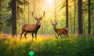Ciervo y cierva en un bosque verde