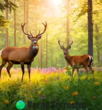 Ciervo y cierva en un bosque verde