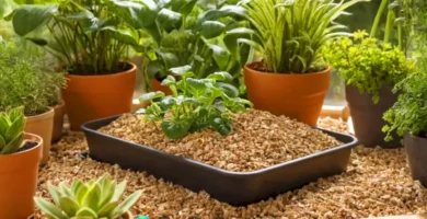 Granulados de vermiculita en primer plano rodeados de plantas verdes en macetas