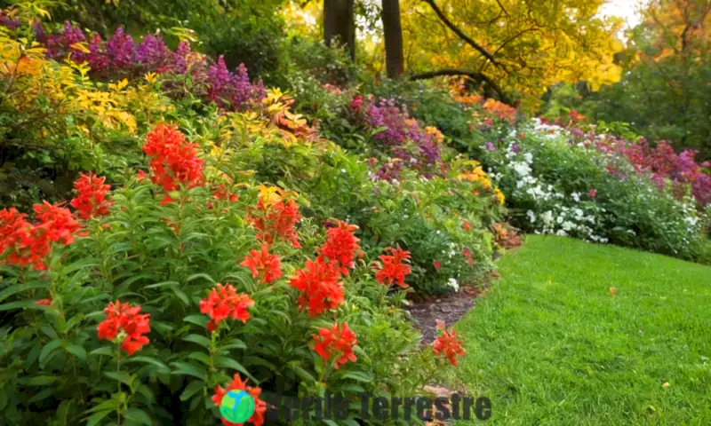 Escena de otoño con una planta de Veronica en flor, rodeada de hojas caídas y luz suave en un jardín sereno