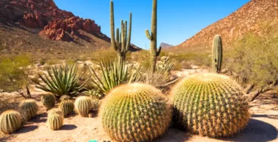 Paisaje desértico vibrante con cactáceas y suculentas bajo un cielo azul
