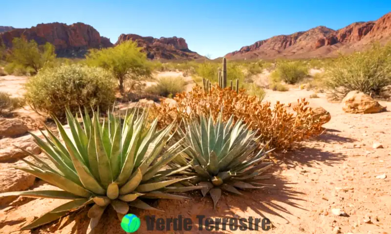 Diverse plantas xerófitas en un desierto soleado, con hojas gruesas y espinas, sobre suelo arenoso bajo un cielo azul