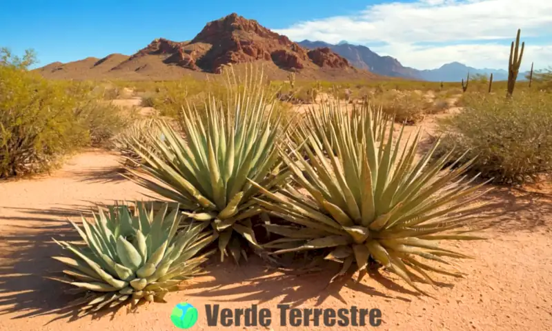 Conjunto de plantas xerófitas en un desierto, con hojas carnosas y texturas espinosas, bajo un cielo azul