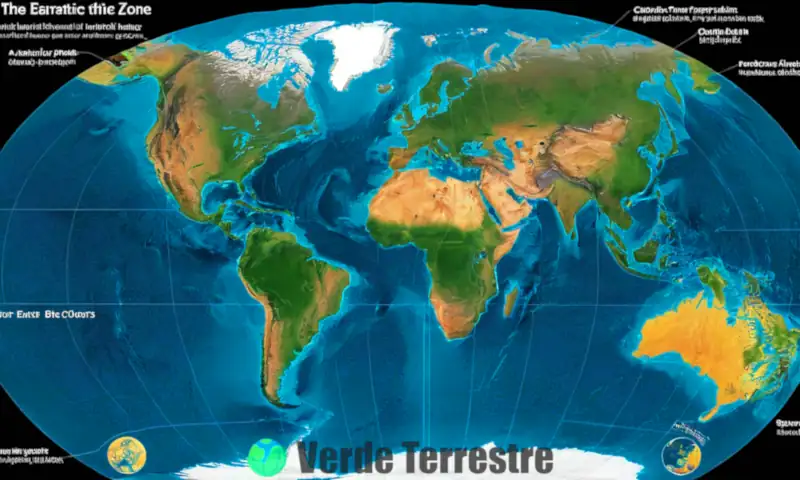 Ilustración educativa que muestra un mapa de las zonas bioclimáticas de la Tierra con paisajes diversos y etiquetas para cada región