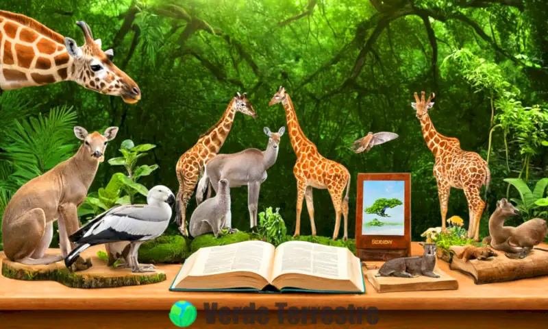 Portada educativa sobre zoología con diversas ramas, animales en hábitats naturales y elementos científicos