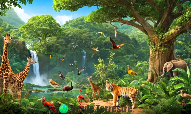 Ilustración educativa de zoología con diversas especies animales en un hábitat natural, rodeadas de un árbol de clasificación y elementos coloridos