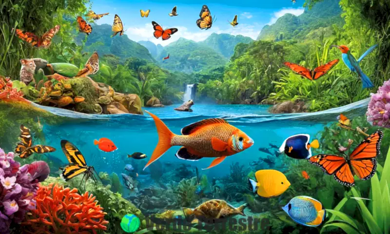 Collage vibrante de animales que representa la zoología, con mariposas, peces y aves en sus hábitats naturales